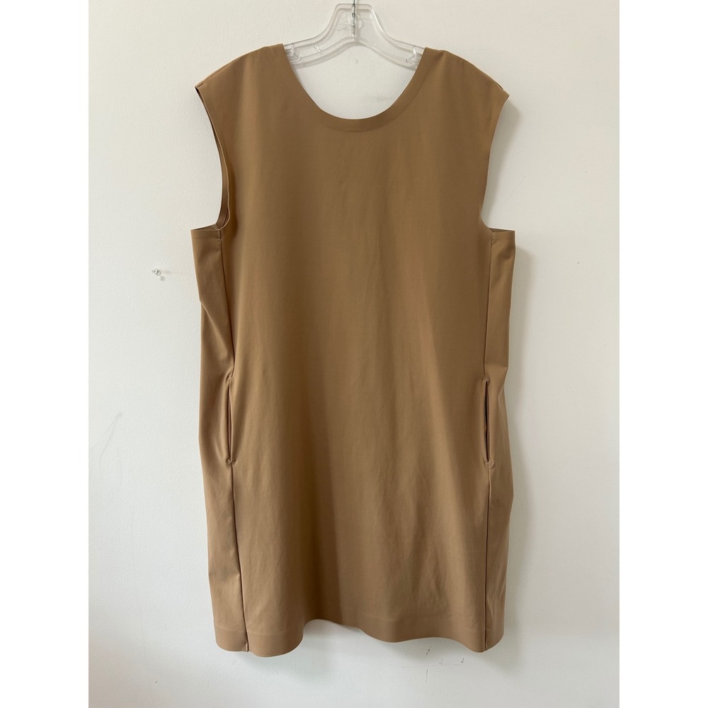 ADAY LBD Shift Dress Women Medium Tan Latte Minimalist Sleeveless Pockets